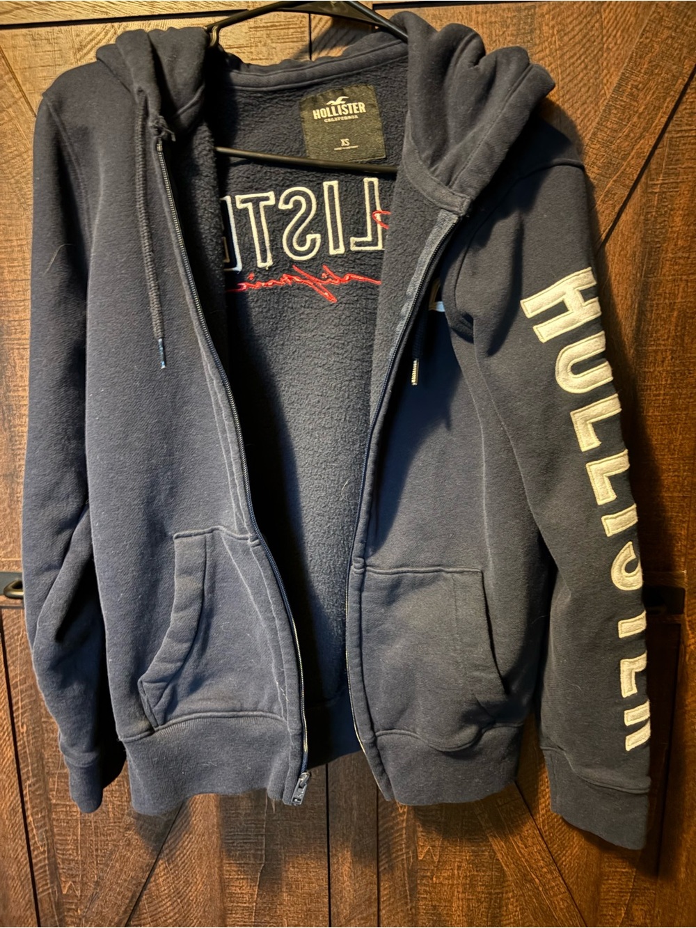 Hollister Navy Full-Zip Hoodie with Sleeve Lettering